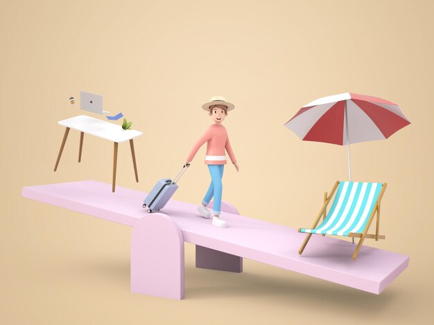 3D illustration woman enjoy to travel on vacation in summer