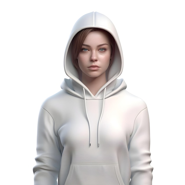 Free PSD 3d illustration of a woman in a white hoodie on a white background