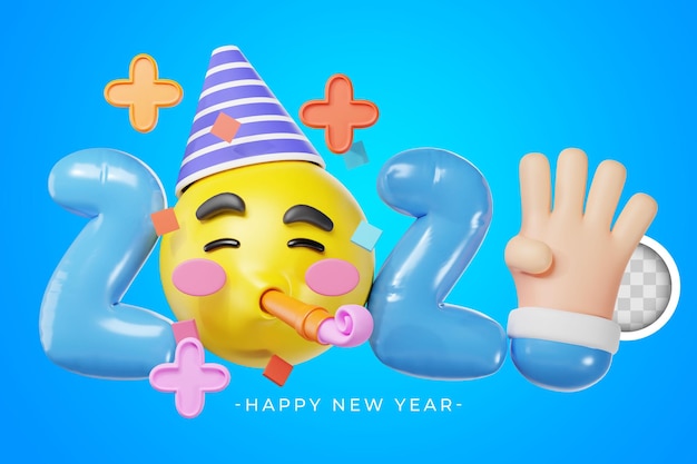 3d illustration of yellow emoticon with new year