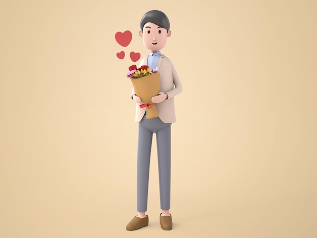 Free PSD 3d illustration young handsome man with a bouquet of flower and heart