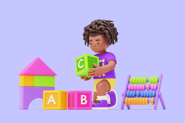 3d kindergarten character playing with toys