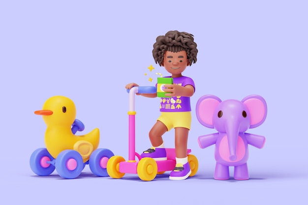 3d kindergarten character playing with toys