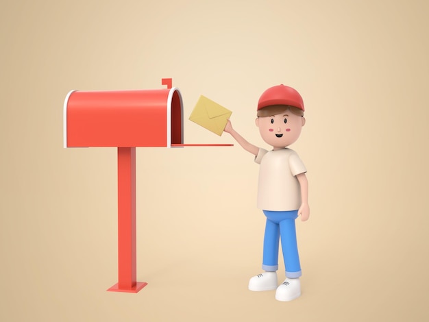 3d male cartoon character delivering a letter at a postbox