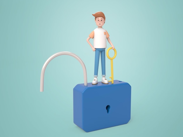 Free PSD 3d male cartoon character standing on the padlock and holding the key.