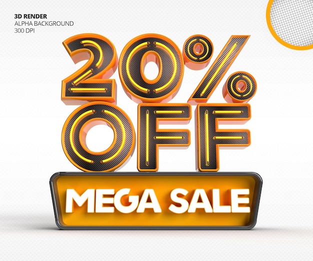 Free PSD 3d mega sale logo with 20 percent discount or offer in 3d rendering design template