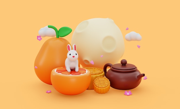 Free PSD 3d mock-up for mid-autumn festival with assortment of elements