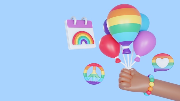 Free PSD 3d pride background with hand holding rainbow balloons