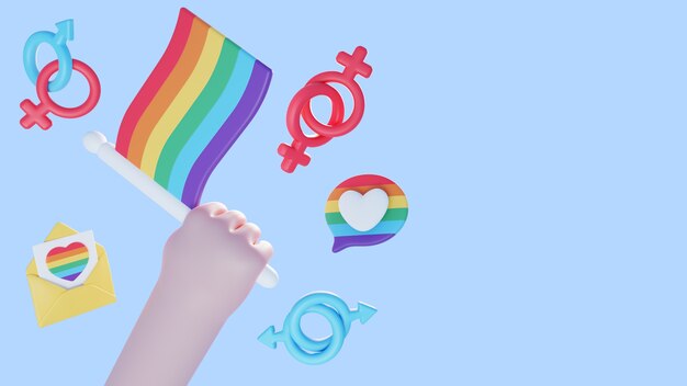 3d pride background with hand holding rainbow flag