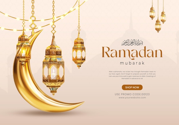 3d ramadan kareem social media banner template with crescent and islamic lanterns