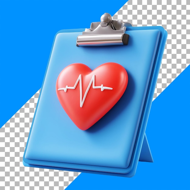 3d render of heartbeat symbol on clipboard with blue and transparent background