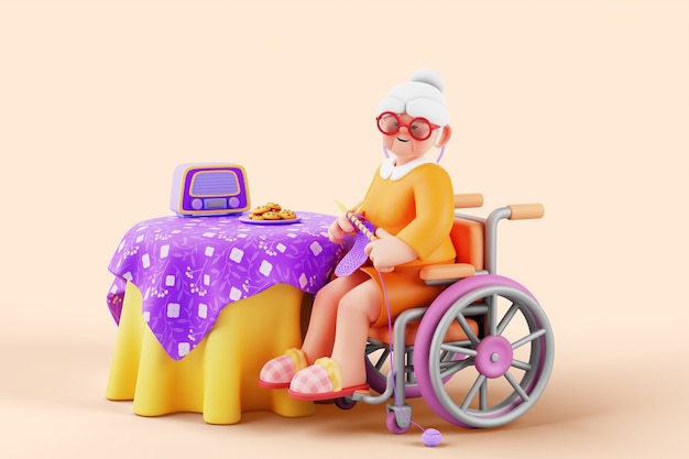 Free PSD 3d render of old woman with reduced mobility