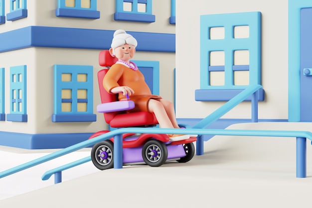 Free PSD 3d render of old woman with reduced mobility