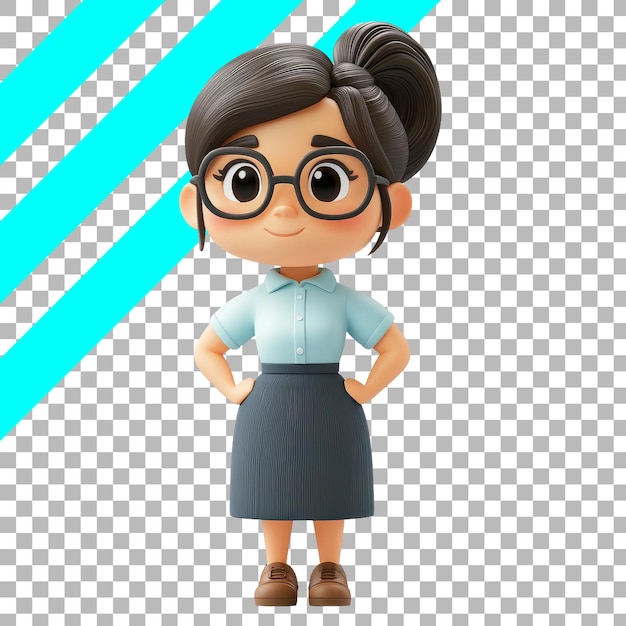 Free PSD 3d rendered character of a woman with glasses and blue shirt on transparent background