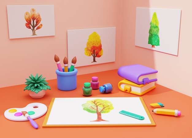 Free PSD 3d rendering of art studio illustration