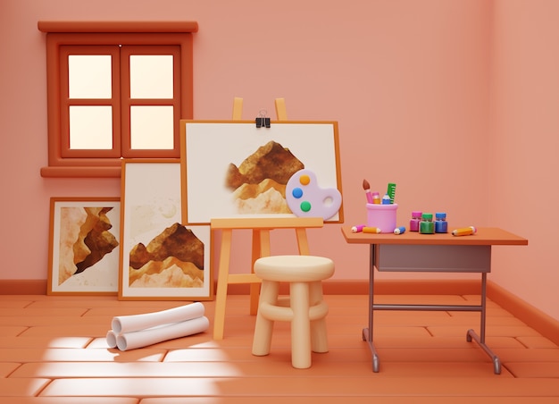 Free PSD 3d rendering of art studio illustration