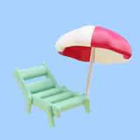 Free PSD 3d rendering of beach chair and umbrella travel icon