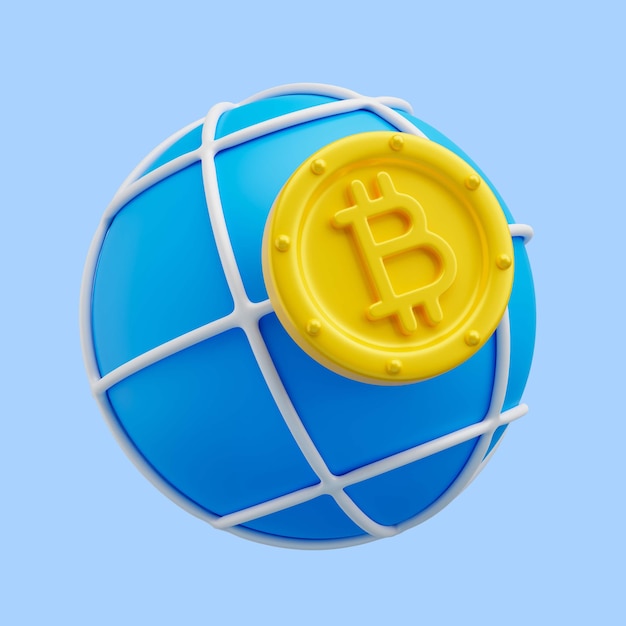 3d rendering of bitcoin on planet icon