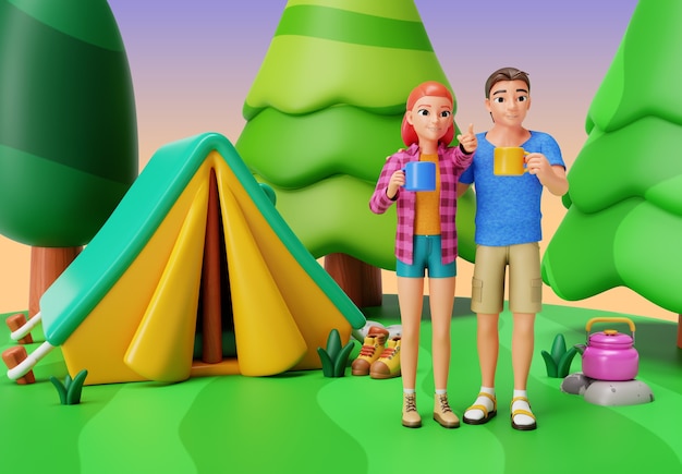 Free PSD 3d rendering of characters camping