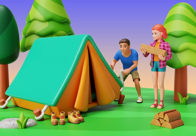 Free PSD 3d rendering of characters camping