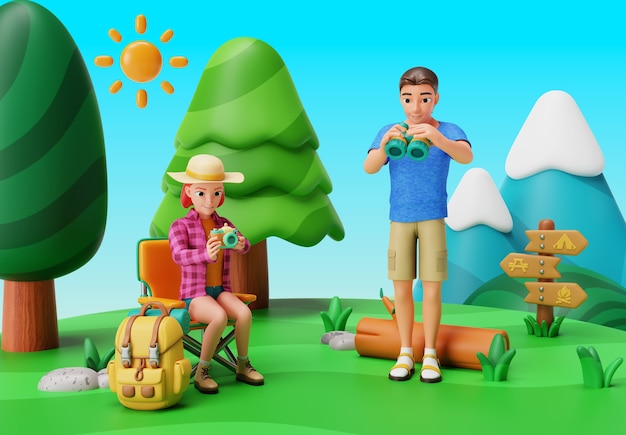 Free PSD 3d rendering of characters camping