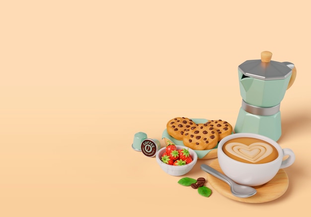 Free PSD 3d rendering of coffee time still life