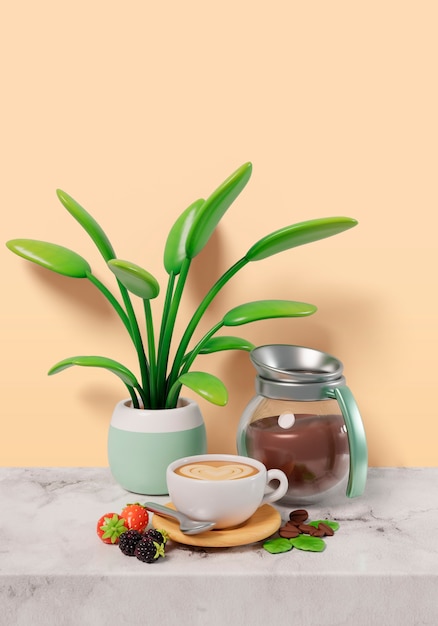 Free PSD 3d rendering of coffee time still life