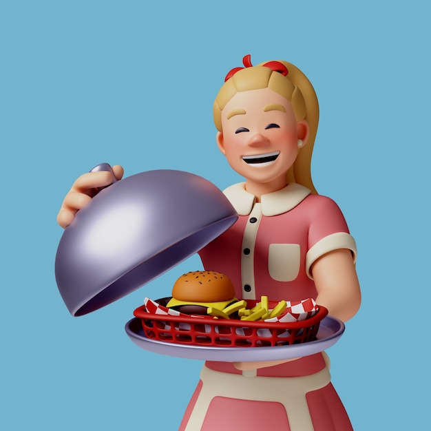 Free PSD 3d rendering of diner waitress character