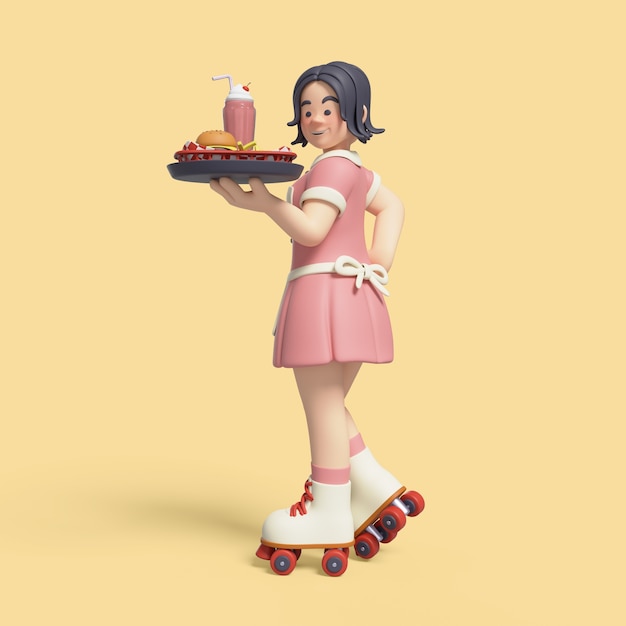 Free PSD 3d rendering of diner waitress character