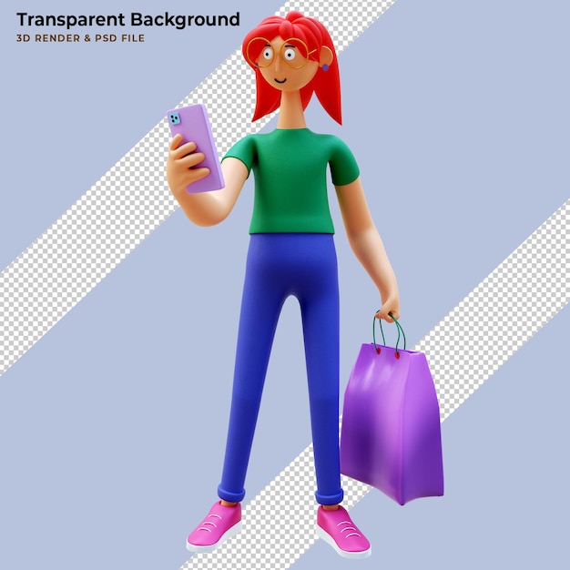 Free PSD 3d rendering female character with online shopping bag