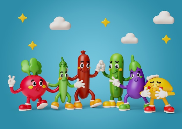 Free PSD 3d rendering of food friends characters