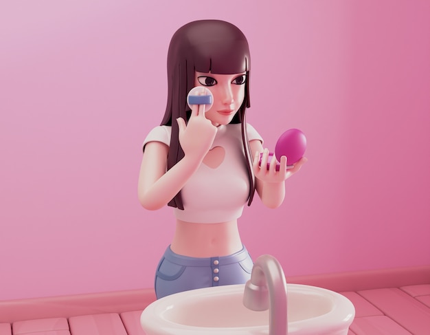 Free PSD 3d rendering of girl applying makeup