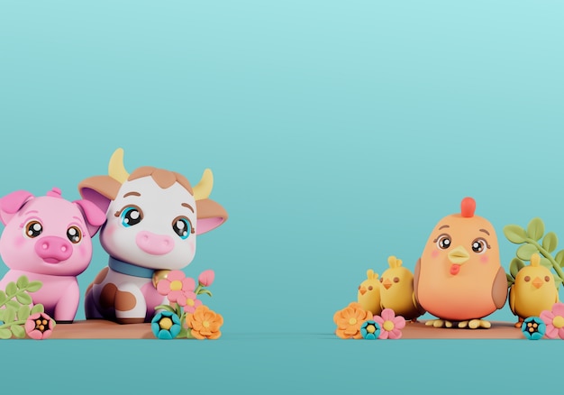 Free PSD 3d rendering of kawaii animals still life