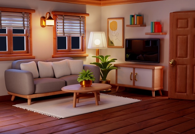 Free PSD 3d rendering of living room illustration