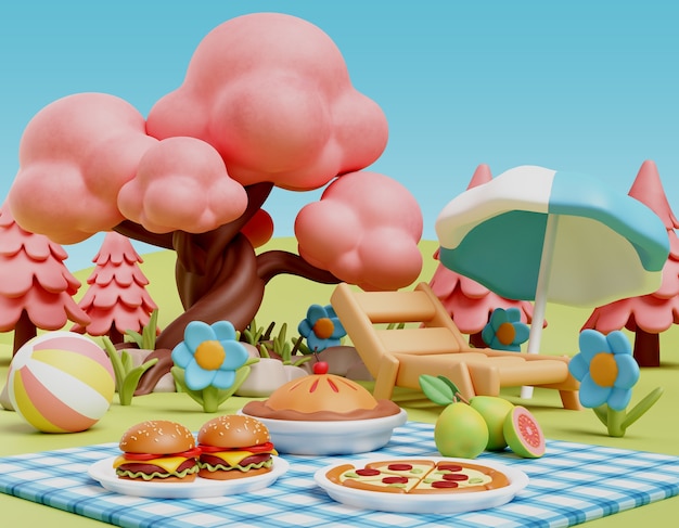 Free PSD 3d rendering of picnic illustration