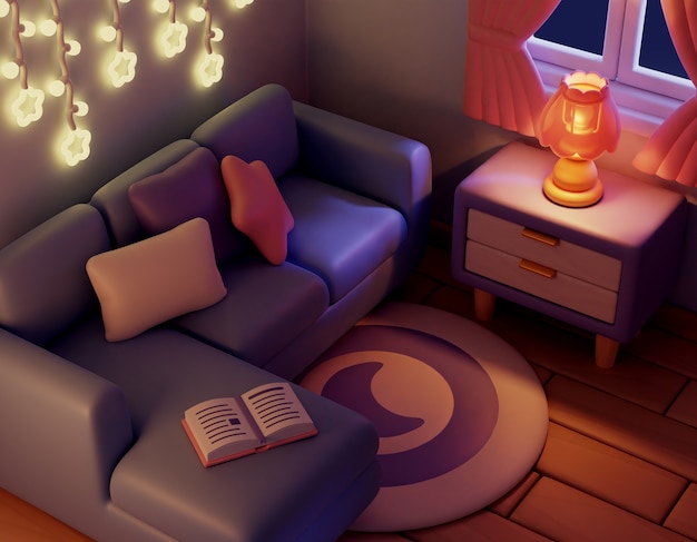 Free PSD 3d rendering of room at night