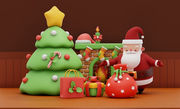 Free PSD 3d rendering of santa in his living room