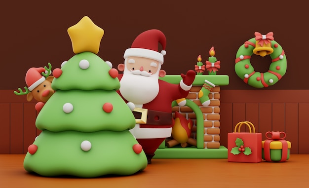 Free PSD 3d rendering of santa in his living room