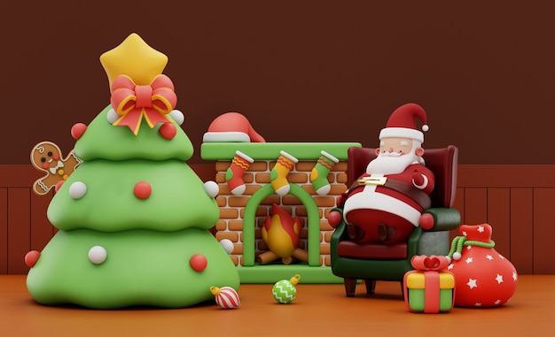 3d rendering of santa in his living room