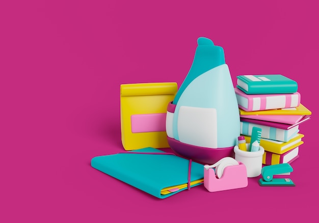 Free PSD 3d rendering of school supplies still life