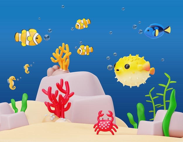 Free PSD 3d rendering of sea life illustration