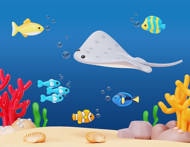 Free PSD 3d rendering of sea life illustration