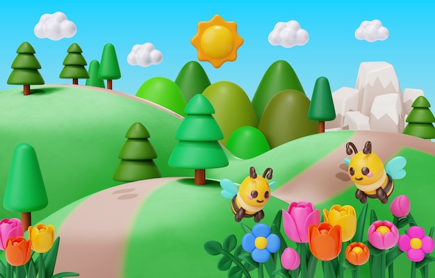 Free PSD 3d rendering of spring landscape illustration