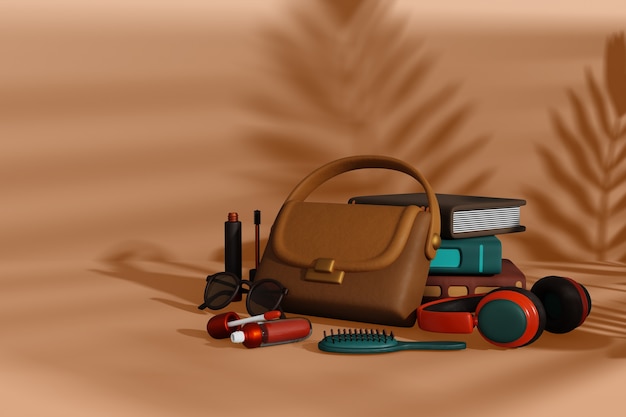 Free PSD 3d rendering of  still life of bag content