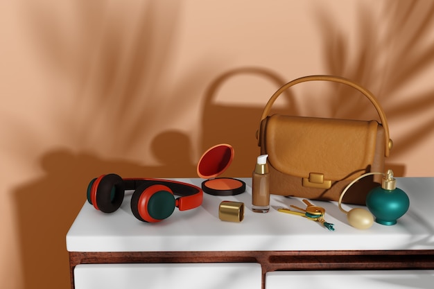 Free PSD 3d rendering of  still life of bag content