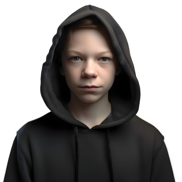 Free PSD 3d rendering of a teenager in a black hoodie isolated on white background