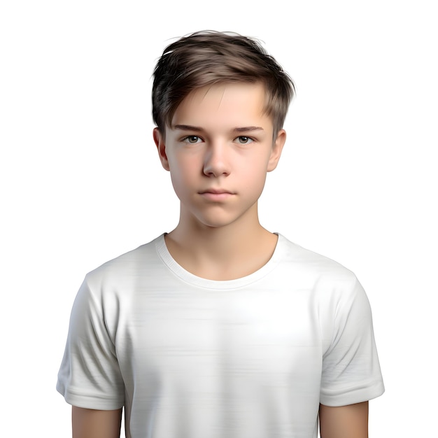 3d rendering of a teenager boy in a white t shirt isolated on white background