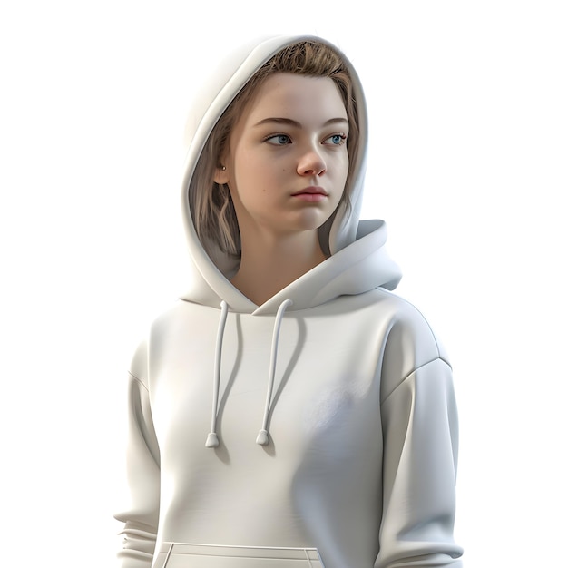 Free PSD 3d rendering of a teenager girl in a white hoodie isolated on white background