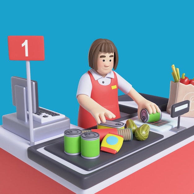 Free PSD 3d rendering of woman cashier