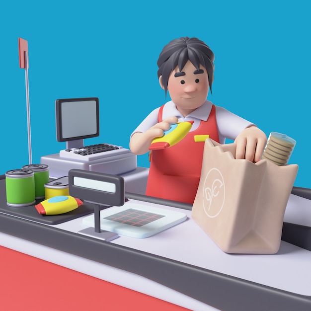 Free PSD 3d rendering of woman cashier