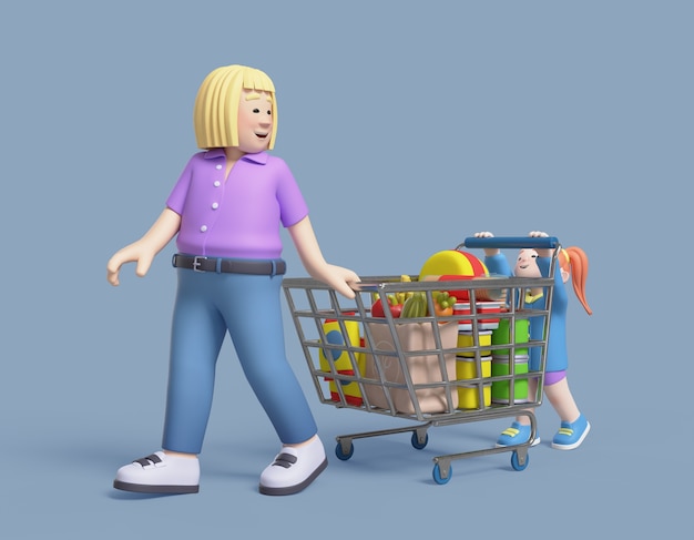 Free PSD 3d rendering of woman with kid at supermarket